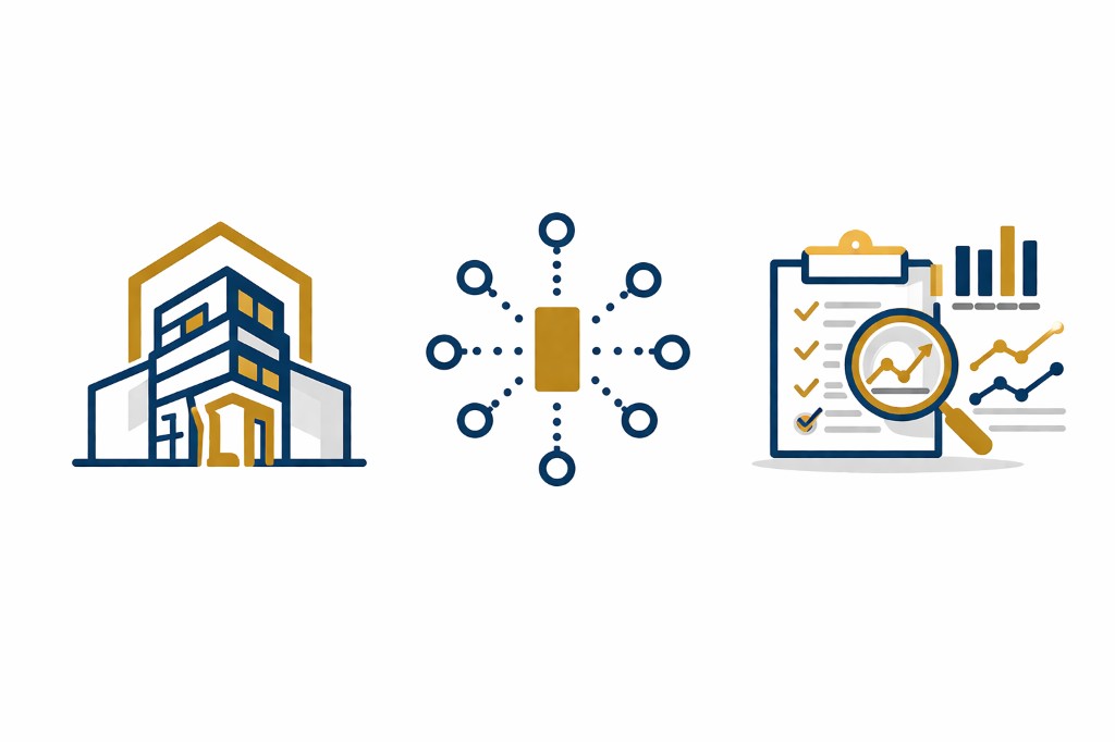 Illustratie met drie pictogrammen: organisatie, netwerk en analyse
